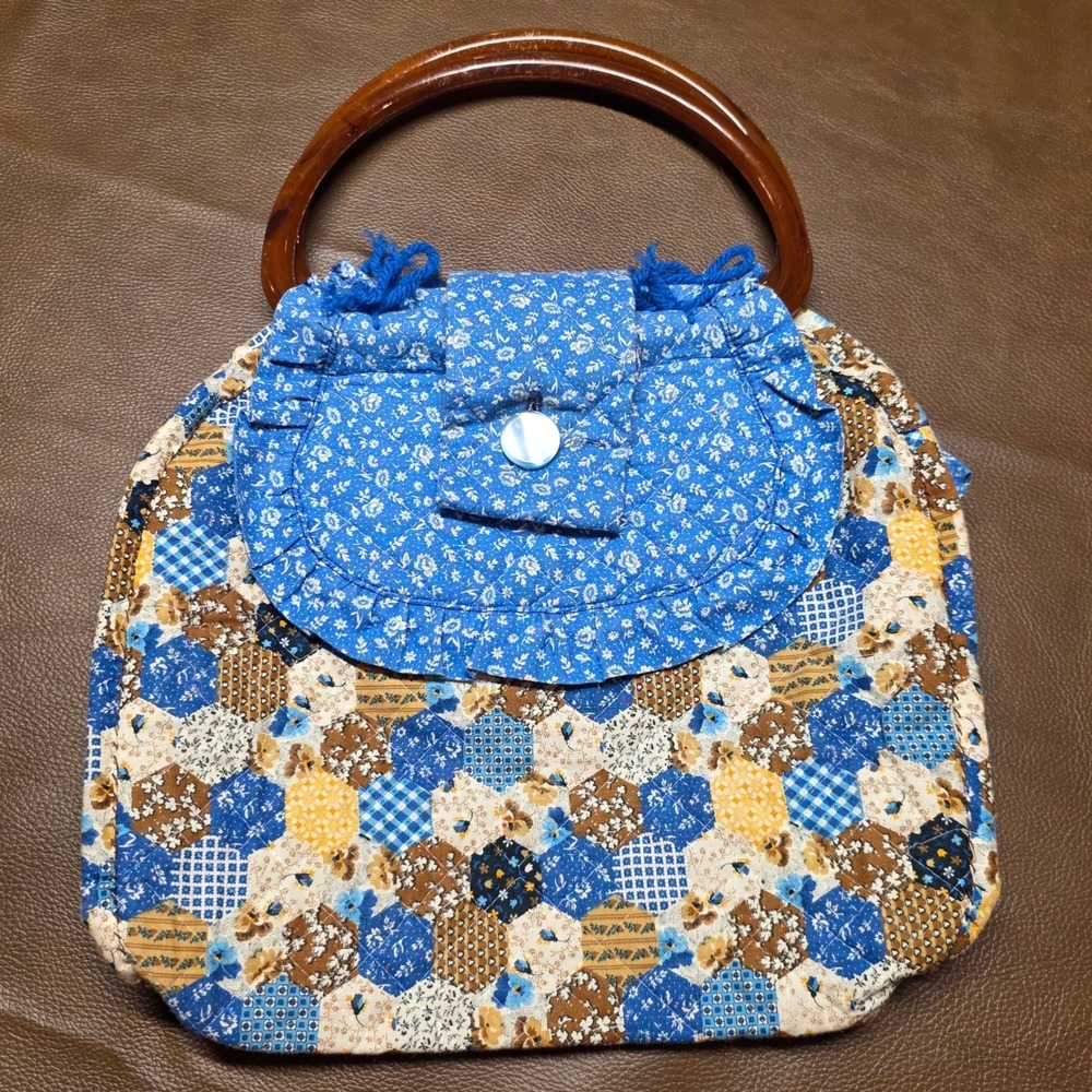 Handmade Quilted Patchwork Handbag Lucite Handles Blue Floral Cottagecore Purse